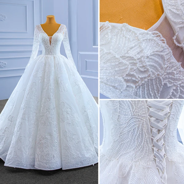 Haut de Gamme Blanche Perlage Paillettes Robe De Mariée 2022 Robe Boule V-Cou Manches Longues Dos Nu Longue Mariage