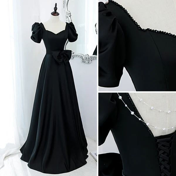 Elegant Black Prom Dresses 2022 A-Line / Princess Square Neckline Puffy Short Sleeve Bow Backless Floor-Length / Long Formal Dresses