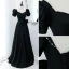 Elegant Black Prom Dresses 2022 A-Line / Princess Square Neckline Puffy Short Sleeve Bow Backless Floor-Length / Long Formal Dresses