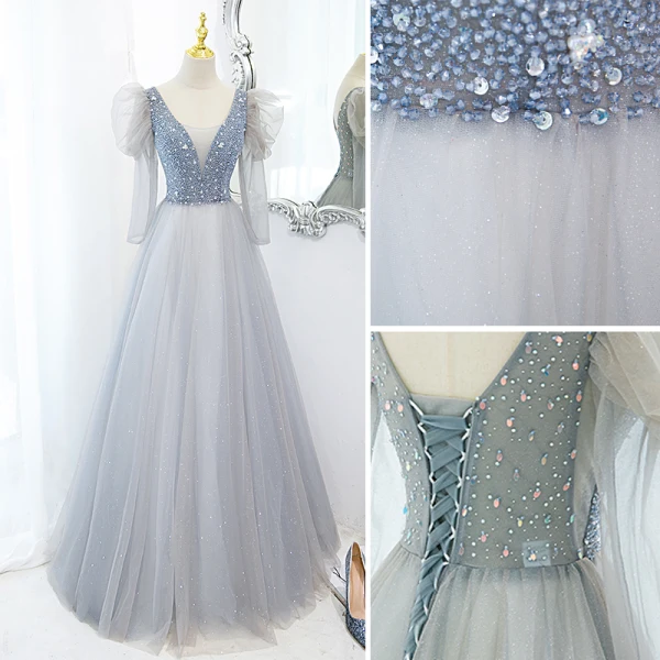 Chic / Beautiful Sky Blue Prom Dresses 2022 A-Line / Princess V-Neck Puffy Short Sleeve Backless Beading Rhinestone Sequins Floor-Length / Long Formal Dresses