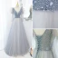 Chic / Beautiful Sky Blue Prom Dresses 2022 A-Line / Princess V-Neck Puffy Short Sleeve Backless Beading Rhinestone Sequins Floor-Length / Long Formal Dresses