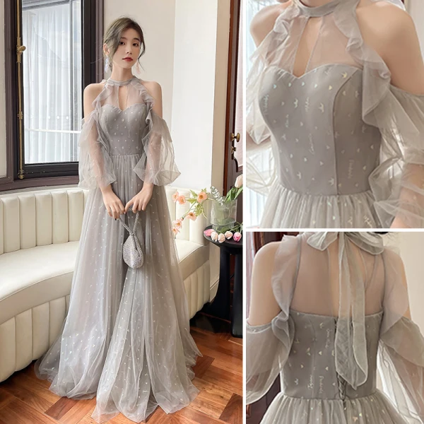 Modest / Simple Grey Bridesmaid Dresses 2022 A-Line / Princess Scoop Neck Short Sleeve Backless Floor-Length / Long Bridesmaid Dresses