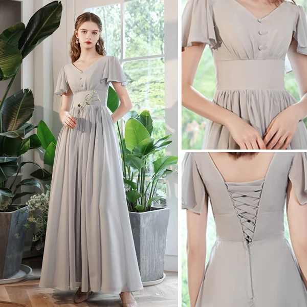 Modest / Simple Grey Bridesmaid Dresses 2022 A-Line / Princess Short Sleeve Backless Floor-Length / Long Bridesmaid Dresses