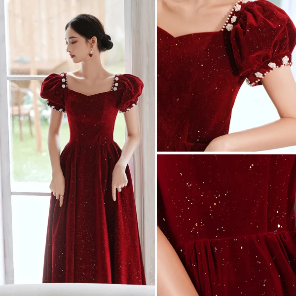 Elegant Burgundy Suede Prom Dresses 2022 A-Line / Princess Square Neckline Puffy Short Sleeve Backless Pearl Sequins Floor-Length / Long Formal Dresses