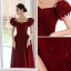 Elegant Burgundy Suede Prom Dresses 2022 A-Line / Princess Square Neckline Puffy Short Sleeve Backless Pearl Sequins Floor-Length / Long Formal Dresses
