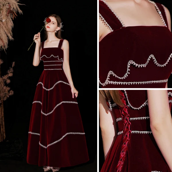 Charming Burgundy Suede Prom Dresses 2022 A-Line / Princess Square Neckline Sleeveless Pearl Rhinestone Backless Floor-Length / Long Formal Dresses