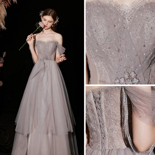 Flotte Grå Gallakjoler 2022 Prinsesse Off-The-Shoulder Beading Rhinestone Pailletter Ærmeløs Halterneck Lange Kjoler