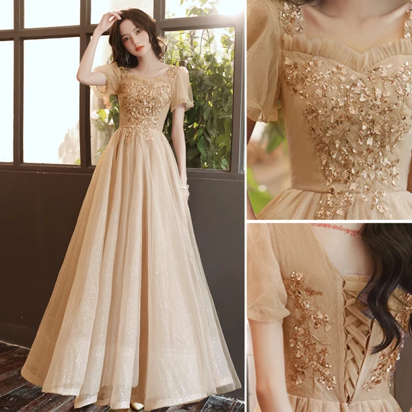 Chic / Belle Champagne Perlage Paillettes Robe De Bal 2022 Princesse Encolure Carrée Manches Courtes Dos Nu Longue Robe De Ceremonie