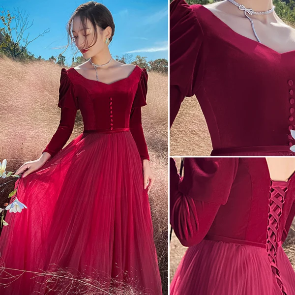 Chic / Beautiful Burgundy Winter Velour Prom Dresses 2022 A-Line / Princess Square Neckline Long Sleeve Backless Floor-Length / Long Prom Formal Dresses