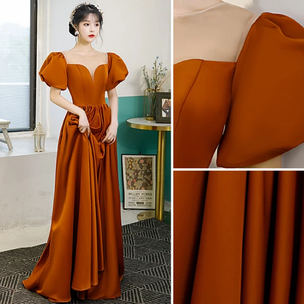 Elegant Orange Satin Prom Dresses 2022 A-Line / Princess Scoop Neck Puffy Short Sleeve Floor-Length / Long Formal Dresses