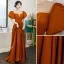 Elegant Orange Satin Prom Dresses 2022 A-Line / Princess Scoop Neck Puffy Short Sleeve Floor-Length / Long Formal Dresses