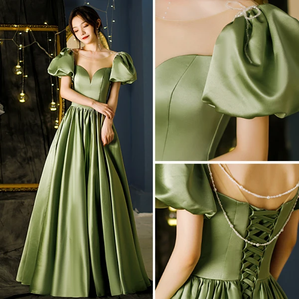 Elegant Olive Green Satin Prom Dresses 2022 A-Line / Princess Scoop Neck Puffy Short Sleeve Floor-Length / Long Formal Dresses