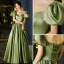 Elegant Olive Green Satin Prom Dresses 2022 A-Line / Princess Scoop Neck Puffy Short Sleeve Floor-Length / Long Formal Dresses