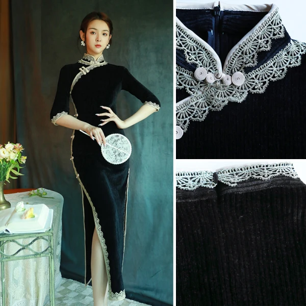 Vintage / Retro Chinese style Black Evening Party Cheongsam 2022 Trumpet / Mermaid High Neck 1/2 Sleeves Lace Flower Split Front Tea-length Cheongsam / Qipao