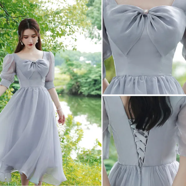Modest / Simple Sky Blue Bridesmaid Dresses 2021 A-Line / Princess V-Neck Bow Short Sleeve Backless Tea-length Wedding Party Dresses