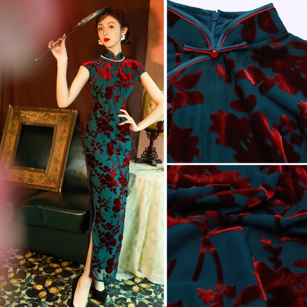 Vintage / Retro Ink Blue Velour Suede Cheongsam 2022 Trumpet / Mermaid High Neck Sleeveless Split Front Tea-length Evening Party Cheongsam / Qipao