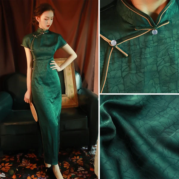Vintage / Retro Dark Green Evening Party Cheongsam 2022 Trumpet / Mermaid High Neck Short Sleeve Split Front Tea-length Cheongsam / Qipao