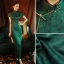 Vintage / Retro Dark Green Evening Party Cheongsam 2022 Trumpet / Mermaid High Neck Short Sleeve Split Front Tea-length Cheongsam / Qipao