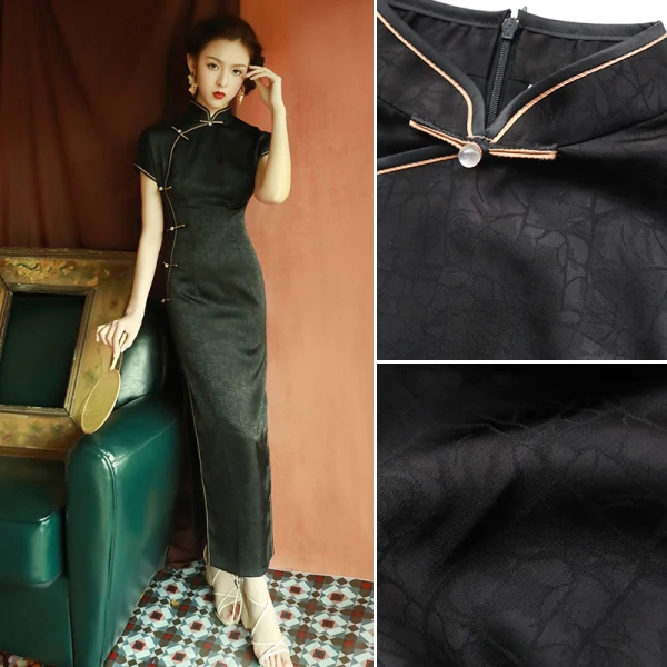 Vintage / Retro Black Evening Party Cheongsam 2022 Trumpet / Mermaid High Neck Short Sleeve Split Front Tea-length Cheongsam / Qipao