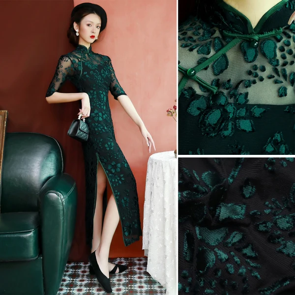 Vintage / Retro Dark Green Split Front Cheongsam 2022 Trumpet / Mermaid High Neck Short Sleeve Tea-length Evening Party Cheongsam / Qipao