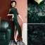 Vintage / Retro Dark Green Split Front Cheongsam 2022 Trumpet / Mermaid High Neck Short Sleeve Tea-length Evening Party Cheongsam / Qipao