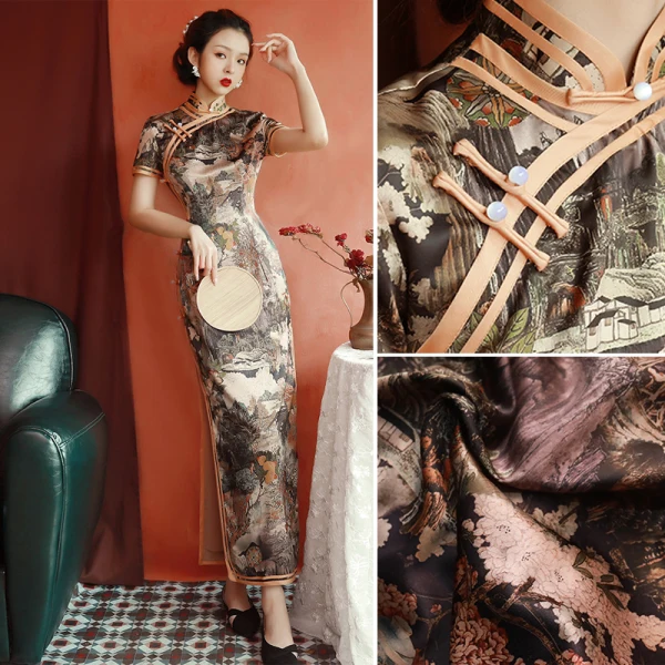 Chiński Styl Vintage Szampan Druk Cheongsam 2022 Syrena / Rozkloszowane Wysokiej Szyi Kótkie Rękawy Podział Przodu Długość Herbaty Wieczorowe Cheongsam