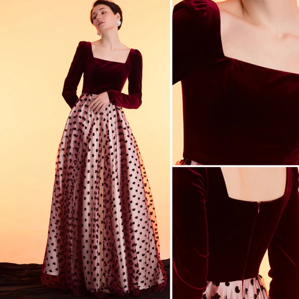 Elegant Suede Velour Black Heart-shaped Burgundy Winter Prom Dresses 2022 A-Line / Princess Square Neckline Long Sleeve Backless Floor-Length / Long Formal Dresses