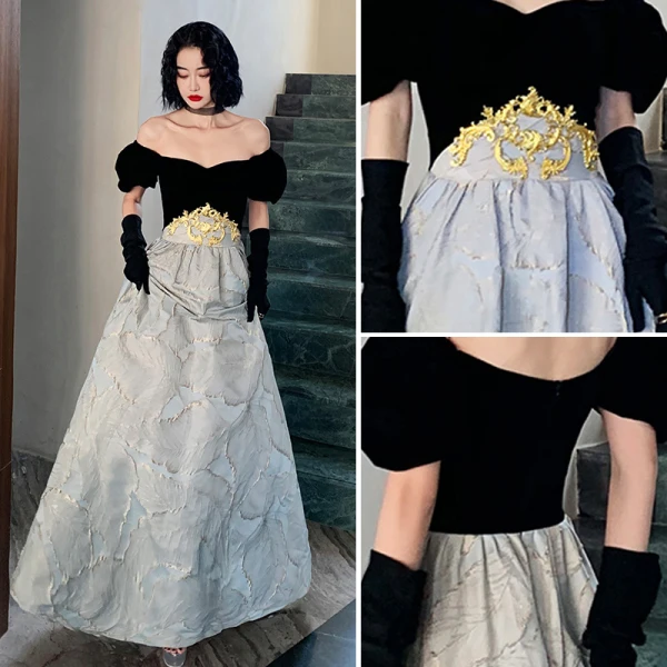 Fashion Black Prom Dresses 2022 A-Line / Princess Off-The-Shoulder Puffy Short Sleeve Backless Embroidered Floor-Length / Long Formal Dresses