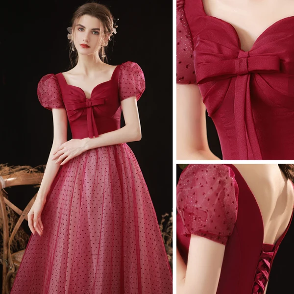 Elegant Burgundy Spotted Prom Dresses 2022 A-Line / Princess Square Neckline Puffy Short Sleeve Bow Backless Floor-Length / Long Formal Dresses