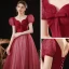 Elegant Burgundy Spotted Prom Dresses 2022 A-Line / Princess Square Neckline Puffy Short Sleeve Bow Backless Floor-Length / Long Formal Dresses