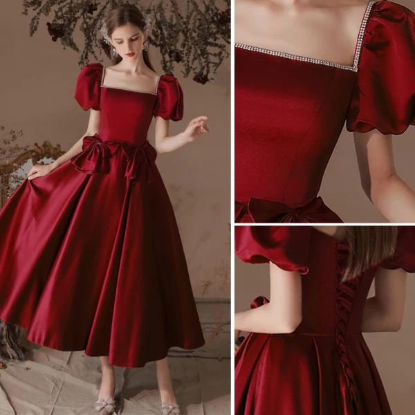 Elegant Burgundy Satin Prom Dresses 2022 A-Line / Princess Square Neckline Puffy Short Sleeve Bow Backless Floor-Length / Long Prom Formal Dresses