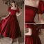 Elegant Burgundy Satin Prom Dresses 2022 A-Line / Princess Square Neckline Puffy Short Sleeve Bow Backless Floor-Length / Long Prom Formal Dresses