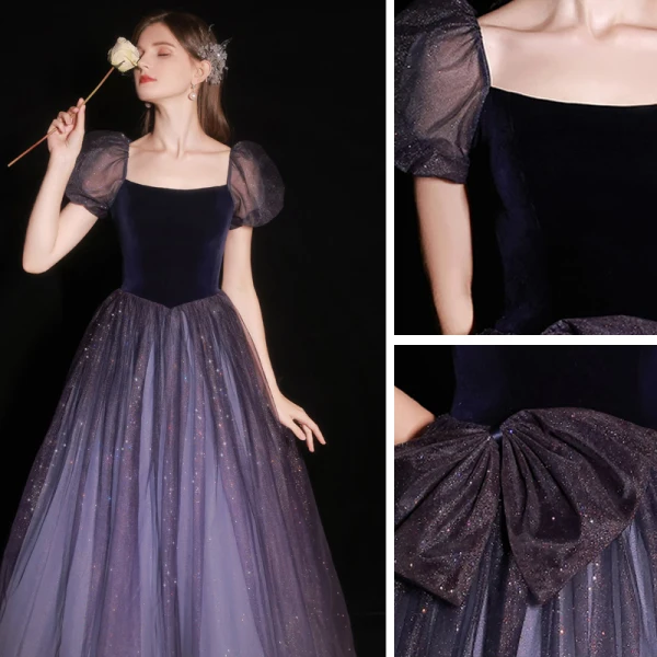Charmant Violet Glitter Paillettes Robe De Bal 2022 Princesse De l'épaule Manches Courtes Noeud Dos Nu Longue Robe De Ceremonie