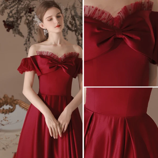 Elegant Burgundy Satin Prom Dresses 2022 A-Line / Princess Off-The-Shoulder Bow Short Sleeve Backless Floor-Length / Long Formal Dresses