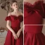 Elegant Burgundy Satin Prom Dresses 2022 A-Line / Princess Off-The-Shoulder Bow Short Sleeve Backless Floor-Length / Long Formal Dresses