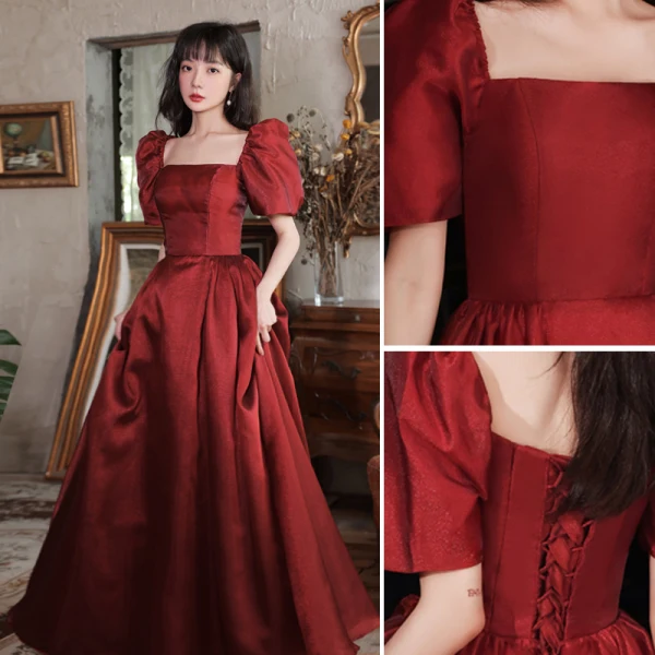 Elegant Burgundy Satin Prom Dresses 2022 A-Line / Princess Square Neckline Puffy Short Sleeve Backless Floor-Length / Long Formal Dresses