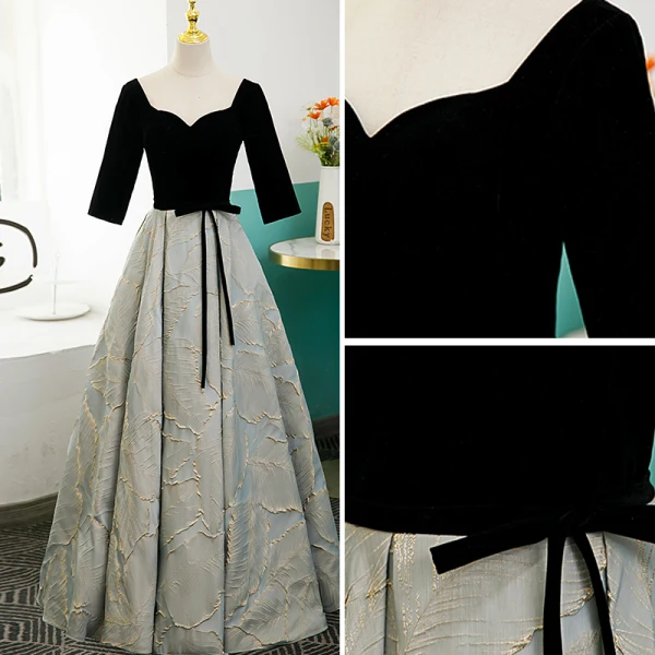 Elegante Schwarz Ballkleider 2022 A Linie Eckiger Ausschnitt Stoffgürtel Schleife 3/4 Ärmel Rückenfreies Lange Festliche Kleider