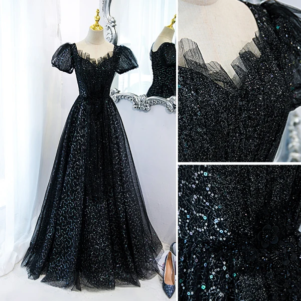 Charmant Noire Glitter Perlage Paillettes Robe De Bal 2022 Princesse Encolure Carrée Manches Courtes Dos Nu Longue Robe De Ceremonie