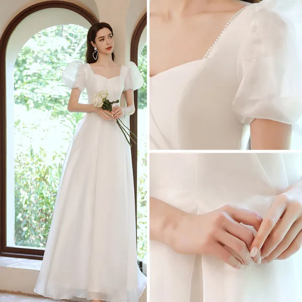 Vintage / Retro Modest / Simple Ivory Pearl Prom Dresses 2021 A-Line / Princess Square Neckline Puffy Short Sleeve Backless Bow Floor-Length / Long Formal Dresses