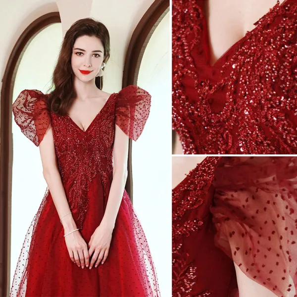 Elegant Burgundy Lace Flower Prom Dresses 2021 A-Line / Princess V-Neck Beading Pearl Cap Sleeves Backless Floor-Length / Long Formal Dresses