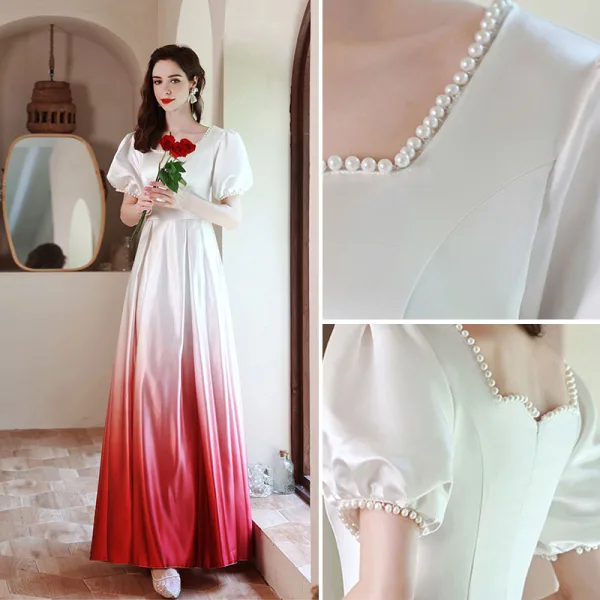 Fashion Gradient-Color Pearl Prom Dresses 2021 A-Line / Princess Satin Square Neckline Puffy Short Sleeve Backless Floor-Length / Long Formal Dresses