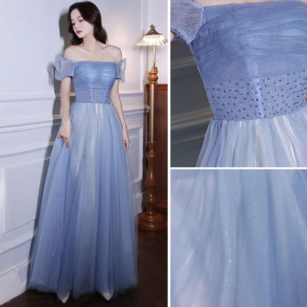 Chic / Belle Bleu Ciel Paillettes Robe De Bal 2021 Princesse Encolure Carrée Manches Courtes Dos Nu Longue Robe De Ceremonie