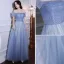 Chic / Belle Bleu Ciel Paillettes Robe De Bal 2021 Princesse Encolure Carrée Manches Courtes Dos Nu Longue Robe De Ceremonie