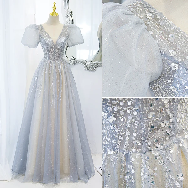 Chic / Beautiful Grey Beading Sequins Puffy Prom Dresses 2022 A-Line / Princess V-Neck Short Sleeve Backless Floor-Length / Long Formal Dresses