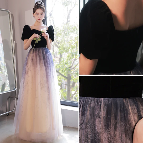 Elegant Black Prom Dresses 2022 A-Line / Princess Square Neckline Short Sleeve Backless Floor-Length / Long Prom Formal Dresses