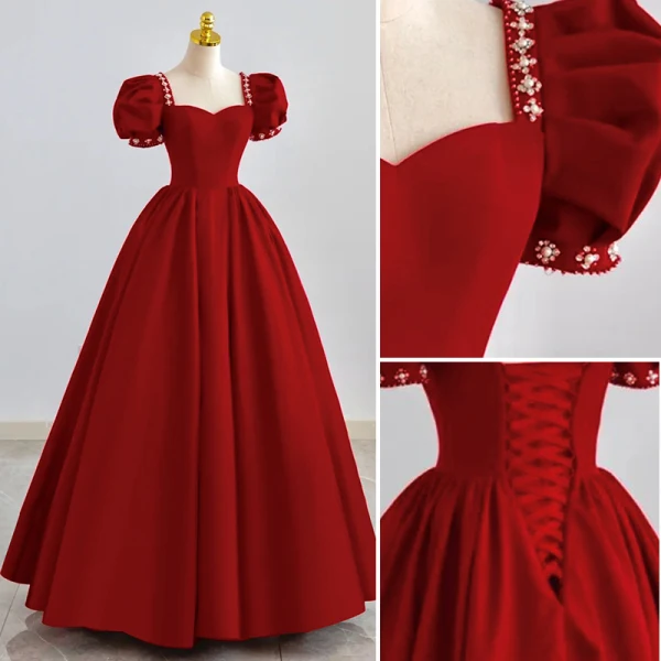 Elegant Burgundy Satin Prom Dresses 2022 A-Line / Princess Square Neckline Puffy Short Sleeve Backless Pearl Rhinestone Floor-Length / Long Prom Formal Dresses