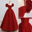 Elegant Burgundy Satin Prom Dresses 2022 A-Line / Princess Square Neckline Puffy Short Sleeve Backless Pearl Rhinestone Floor-Length / Long Prom Formal Dresses