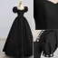 Elegant Black Satin Prom Dresses 2022 A-Line / Princess Square Neckline Puffy Short Sleeve Pearl Rhinestone Backless Floor-Length / Long Formal Dresses