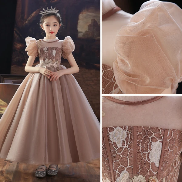 Chic / Beautiful Khaki Beading Pearl Lace Flower Flower Girl Dresses 2022 Ball Gown Birthday Scoop Neck Puffy Short Sleeve Floor-Length / Long Flower Girl Dresses