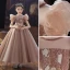 Chic / Beautiful Khaki Beading Pearl Lace Flower Flower Girl Dresses 2022 Ball Gown Birthday Scoop Neck Puffy Short Sleeve Floor-Length / Long Flower Girl Dresses